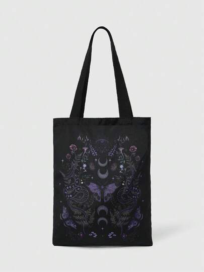 Kawaii Wiederverwendbare Segeltuch-Tragetasche mit durchgehendem Augen-/Mond-/Sternenmuster, Schultertasche-Design geeignet für Einkaufen