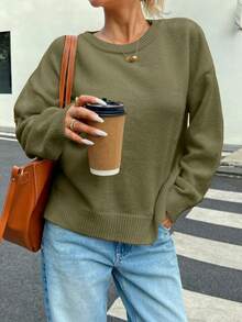 INAWLY 女士休闲纯色毛衣，秋冬 - 橄欖綠 - 查看 4