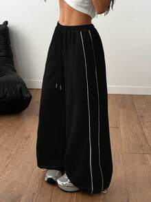 Coolane Women's Winter Streetwear Homecoming Daily Wear Going Out Sport Casual Basic Banded Texture Decoration  Black Low Rise Baggy Sweatpants - Black - View 3