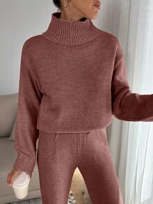 SHEIN Tall Women Relaxed Fit Turtle-Neck Sweater With Rib Knit Detailed And Straight Knit Pant Set, Tall Women - Dusty Pink - View 7
