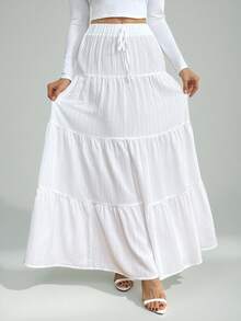 SHEIN Tall Women's Casual Vacation Multi-Layer Cake Skirt, Versatile Casual Elegant For Everyday, Holidays, And Dates Vacation Modest White Skirt - White - View 3