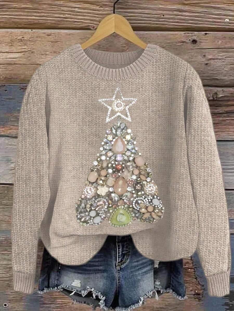 Glissea Colorful Comfortable Christmas Sweater, Women's Round Neck Long Sleeve Star & Christmas Tree Pattern Top, Christmas Gift - Apricot - View 1