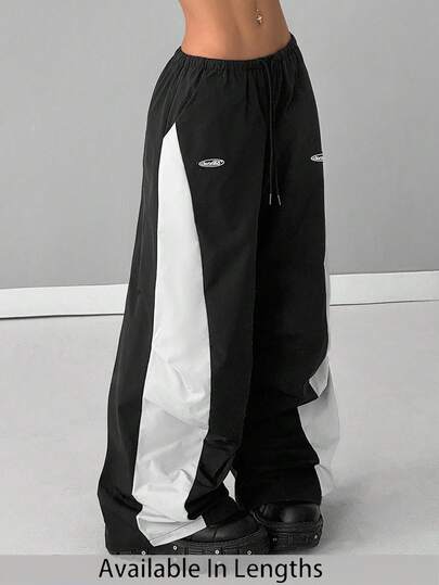 SHEIN PETITE CURVE Plus Size Women's Summer Concert Streetwear Going Out Color-Blocked Parachute Pants/Winter Streetwear Pants Flow Pants Wide Leg Pants Track Pants Baggy Pants