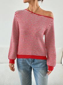 Siren Gaze 女士秋冬时尚露肩领不对称领条纹长袖毛衣海岸魅力条纹落肩毛衣海军风毛衣 - 紅白色 - 查看 3