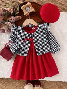SHEIN Playful Pals 3pcs Baby Girls Plaid Flutter Sleeve Cardigan, Sleeveless Dress & Hat Set, Fashion Children Outfit For Spring/Autumn Baby Girl Christmas Outfit Christmas Baby Girl Dresses Toddler Red And White Dress 2pcs Set Toddler Girls Baby Girl Spring Fall Outfit Princess Halloween Party Set - Red - View 3