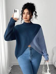 Elenzga Suéter holgado de cuello alto, manga larga y hombros caídos con bloques de color, talla grande