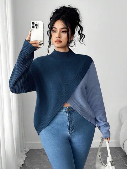 Elenzga Suéter holgado de cuello alto, manga larga y hombros caídos con bloques de color, talla grande