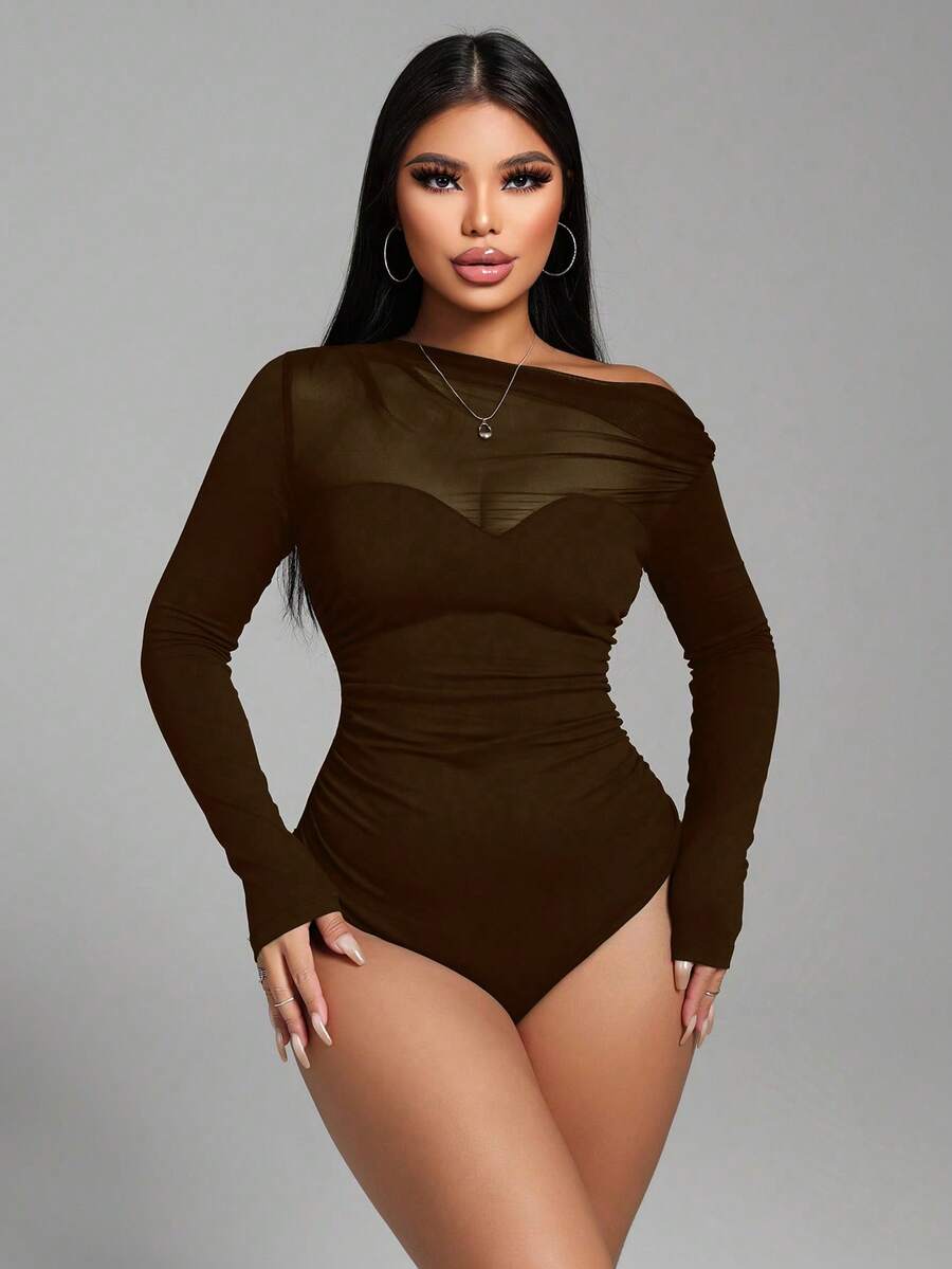 Zolique Sexy Black Asymmetric Shoulder Mesh Patchwork Ruched Bodysuit For Women - Coffee Brown - View 1