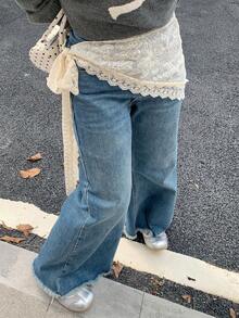 DAZY 不对称蕾丝层叠迷你裙，休闲大码女装，四季皆宜 - 杏色 - 查看 3