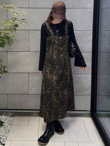 FRIFUL 女士时尚豹纹无袖方领休闲宽松长款牛仔连衣裙 - 棕色 - 查看 5