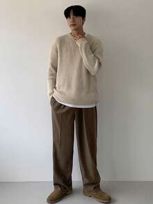 DAZY Men's Solid Color Elastic Waist Design Brown Commuter Casual Pants, Autumn - Brown - View 4