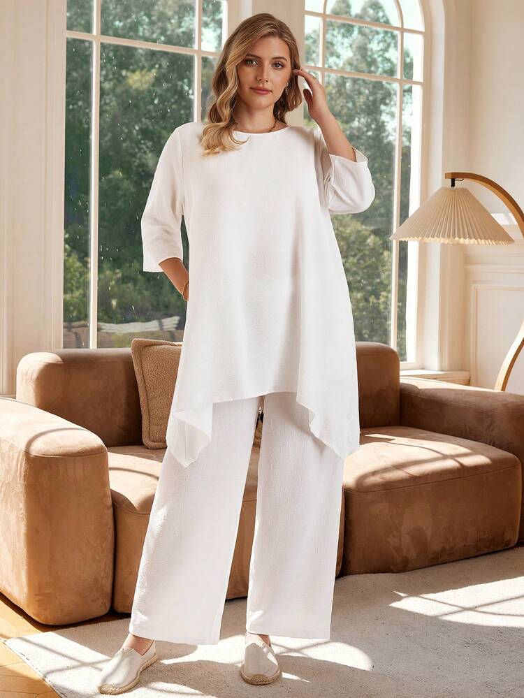 Ensemble ample d'été pour femmes grandes tailles avec poches et pantalon, ensemble en lin blanc casual avec ourlet asymétrique et manches trois-quarts
