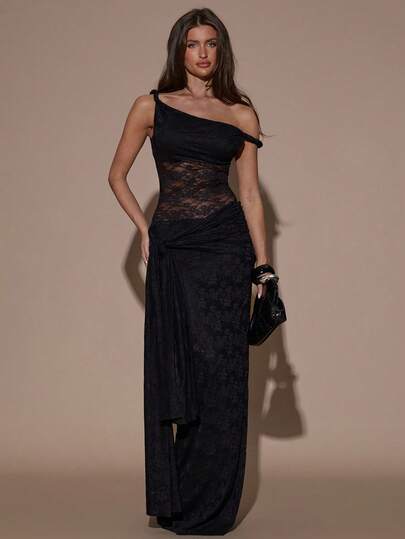 SHEIN BAE Women's Lace Patchwork Asymmetric Neck Sheer Dress,Winter Clothes For Women ,Christmas,Christmas Outfit For Women ,New Year, Thanksgiving Outfit For Women ,Party , Elegant ,Christmas Party Dress ,Chic Evening Dress ,Suitable For Parties, Gatherings, Dates, Outings, Wedding Guest Attire, Wedding Guest Dresses, Women's Birthday Dresses, Date Night Outfits.