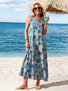 Sylviya Women's Casual Floral Print Round Neck Sleeveless Dress, Vacation Dresses - Multicolor - View 4