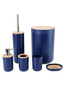 6PCS Bathroom Accessories Set, Plastic & Bamboo Bath Ensemble Kit With Lotion Dispenser, Toothbrush Holder, Toothbrush Cup, Soap Dish, Toilet Brush & Holder, Trash Can,Birthday, Holiday, Housewarming,Christmas Gift Set - Multicolor - View 13