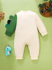 SHEIN Baby Boy Winter Clothing,White,Winter,Cute Modest,Graphic,Family Matching Playful Dinosaur Pattern Long-Sleeved Jumpsuit With 3D Ear Tab Press Studs - Multicolor - View 2