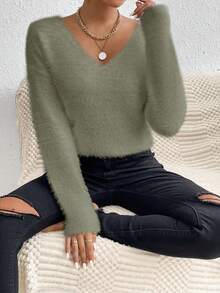 SHEIN LUNE White V-Neck Casual Soft Knit Sweater, Long Sleeve Pullover Top, Autumn/Winter - Green - View 4