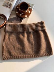 Comfortcana 女士纯色针织罗纹休闲百搭毛衣裙，秋冬韩版风格 - 咖啡棕 - 查看 2