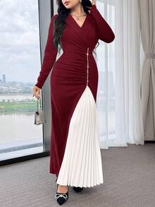 Feyla 女式时尚优雅拼色V领中长褶皱连衣裙 - 酒紅色 - 查看 6