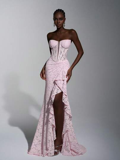 Elitara Elegant Pink Strapless Knit Floral Deep V-Neck Bustier Mermaid High Slit Ruffle Hem Dress, Suitable For Dates, Vacations, Singles Parties, Weddings, Afternoon Tea, Shopping, Informal Occasions, Music Festivals, Beach Parties, And Evening Galas