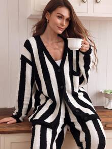 Louniche 女士休闲条纹针织睡衣套装（两件套），秋冬款 - 黑與白 - 查看 7