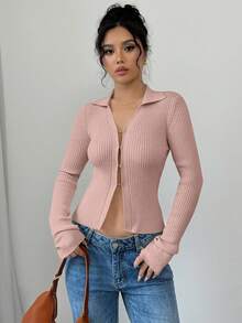 Selianne 女式秋冬翻领喇叭袖修身罗纹针织开衫 - 粉色 - 查看 6
