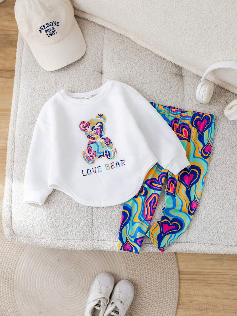 SHEIN Babygirl 可爱卡通图案长袖卫衣和裤子套装,秋冬 - 白色 - 查看 1