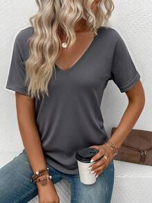 EURMUSE Casual Solid Color Short Sleeve T-Shirt, Versatile For Summer - Light Grey - View 3