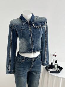 Mori Grove Mori Grove Women's Casual Washed Raw Trim Cropped Denim Jacket, Autumn - Blue - View 4