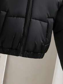 SHEIN 少女休闲时尚梭织面料保暖连帽短款羽绒服，宽松舒适，适合秋冬季日常通勤、户外玩耍、聚会、拍照等场合 - 黑色 - 查看 5