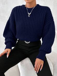 EURMUSE Autumn/Winter Casual Versatile Solid Color Drop Shoulder Sweater - Navy Blue - View 5
