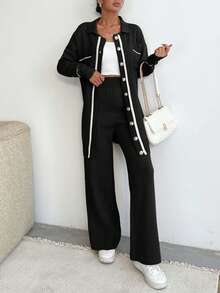 EURMUSE Women Pocket Detailed Front Button Collar Neck Drop Shoulder Cardigan & Sweater Pants Set - Black and White - View 7