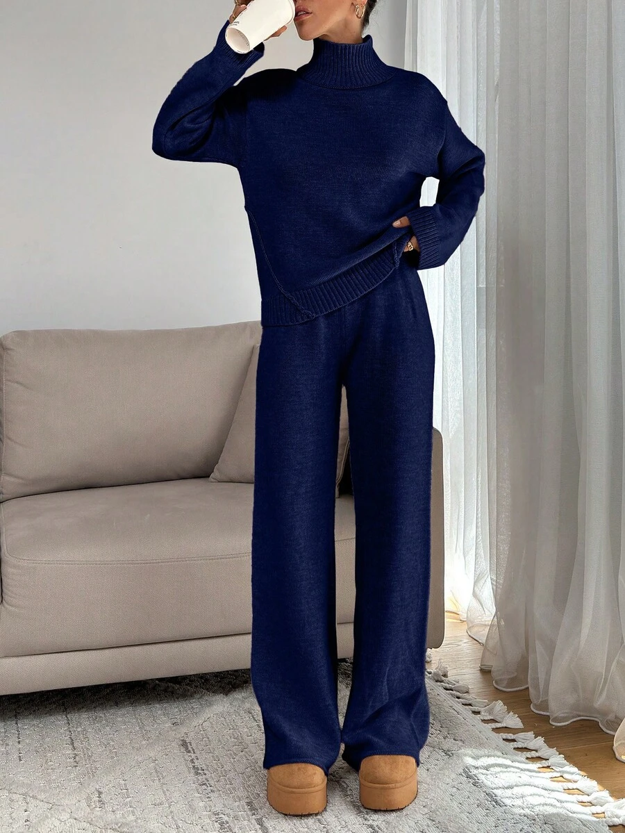 SHEIN Tall 女款寬鬆版高領毛衣搭配羅紋針織細節直筒針織長褲套裝,適合高個女性 - 藏蓝色 - 查看 1