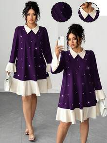Elenzga Fashionable Casual French Retro Romantic Elegant Pearl Contrast Color Dress - Purple - View 1