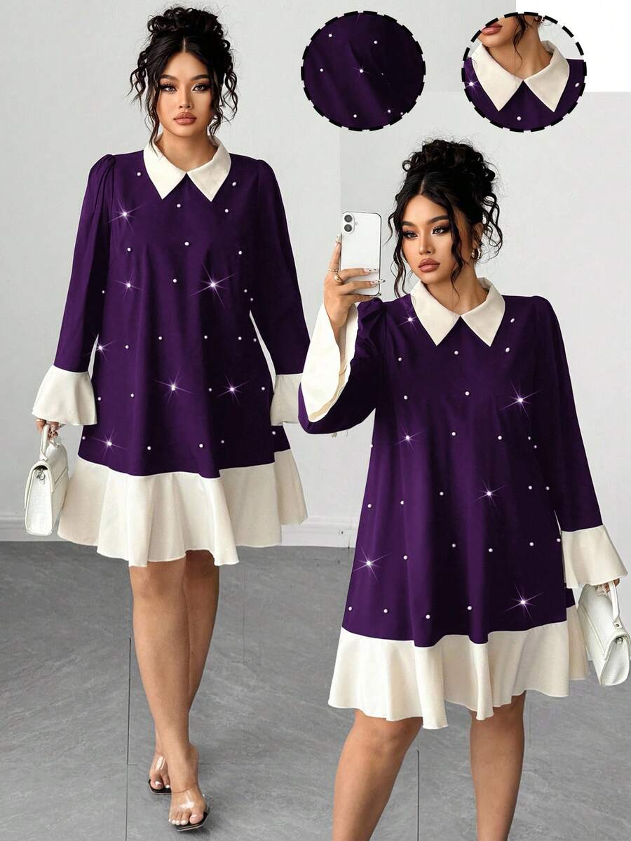 Elenzga Fashionable Casual French Retro Romantic Elegant Pearl Contrast Color Dress - Purple - View 1