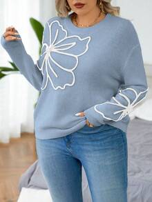 Calvaya Plus Size Women Casual Commuter Floral Pattern Drop Shoulder Loose Pullover Sweater, Autumn/Winter - Baby Blue - View 3
