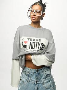 SUMWON WOMEN 双层图案 T 恤 德克萨斯印花 圆领 长袖 超大号 休闲舒适上衣 秋冬春装 - 灰色 - 查看 5