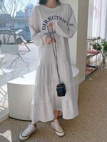 Joudiya 女士字母印花连衣裙，荷叶边，秋季长袖连衣裙，端庄时尚