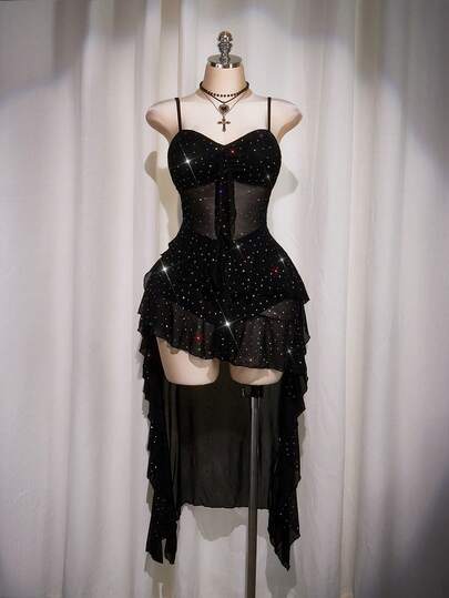 SHEIN ICON 加大码黑色 V 领荷叶边前短后长吊带裙，Y2K 性感细肩带荷叶边下摆连衣裙，Y2K 性感网眼亮片荷叶边下摆连衣裙，适合约会、派对礼服