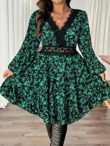 SHEIN Frenchy Váy dài tay cổ chữ V họa tiết hoa ren chắp vá cỡ lớn - Nhiều màu - Xem 5