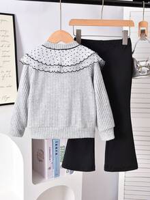 Elladie kids 2pcs Little Girl Cottagecore Sweet Campus Daily Autumn Lace Collar Bow Knit Cardigan Flare Pants Outfit Set - Multicolor - View 2