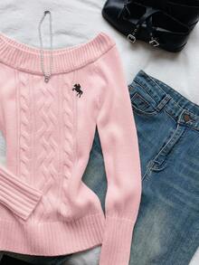 Comfortcana 女士撞色刺绣装饰露肩长袖毛衣套头衫，粉色毛衣套头衫，女士毛衣，麻花针织毛衣，秋季女装 - 粉色 - 查看 4
