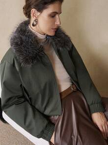 EMERY ROSE Women's Short Quilted Detachable Fur Collar Design Slanted Pockets Daily Commuting Cotton Jacket Winter Daily Commuting Autumn Jacket - Army Green - View 6