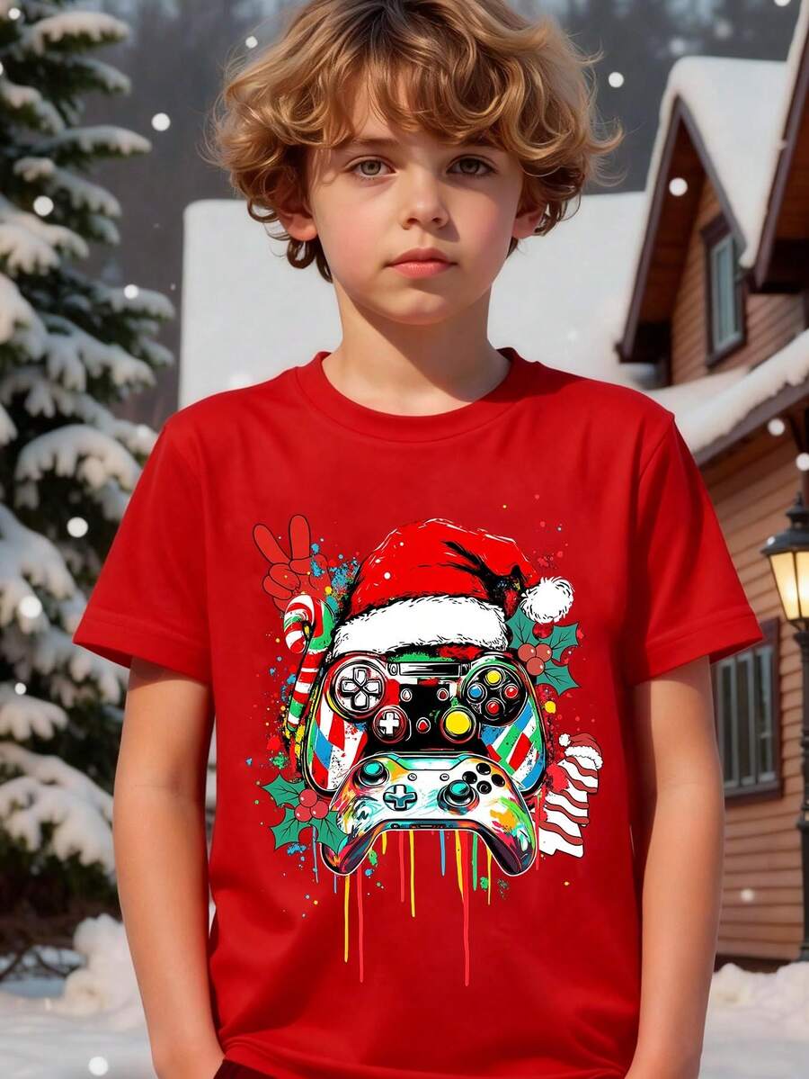 Wesołych Świąt! Swobodna i modna, kreatywna czapka świąteczna dla nastolatków, kontroler do gier, wygodna, prosta koszulka z krótkim rękawem z nadrukiem laski cukrowej, idealna na świąteczne przyjęcie i wyjście.