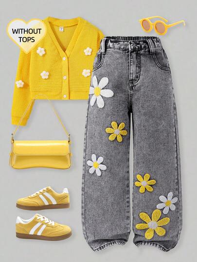 SHEIN Tween Girls New Fashion Distressed Snowflake Embroidered Wide-Leg Jeans Full Outfits For 11 To 12 Year Old With Plant Pants With Butterflies And Flowers Sunflower Girls Outfit Yellow Girl Outfit 70s Outfit Kids