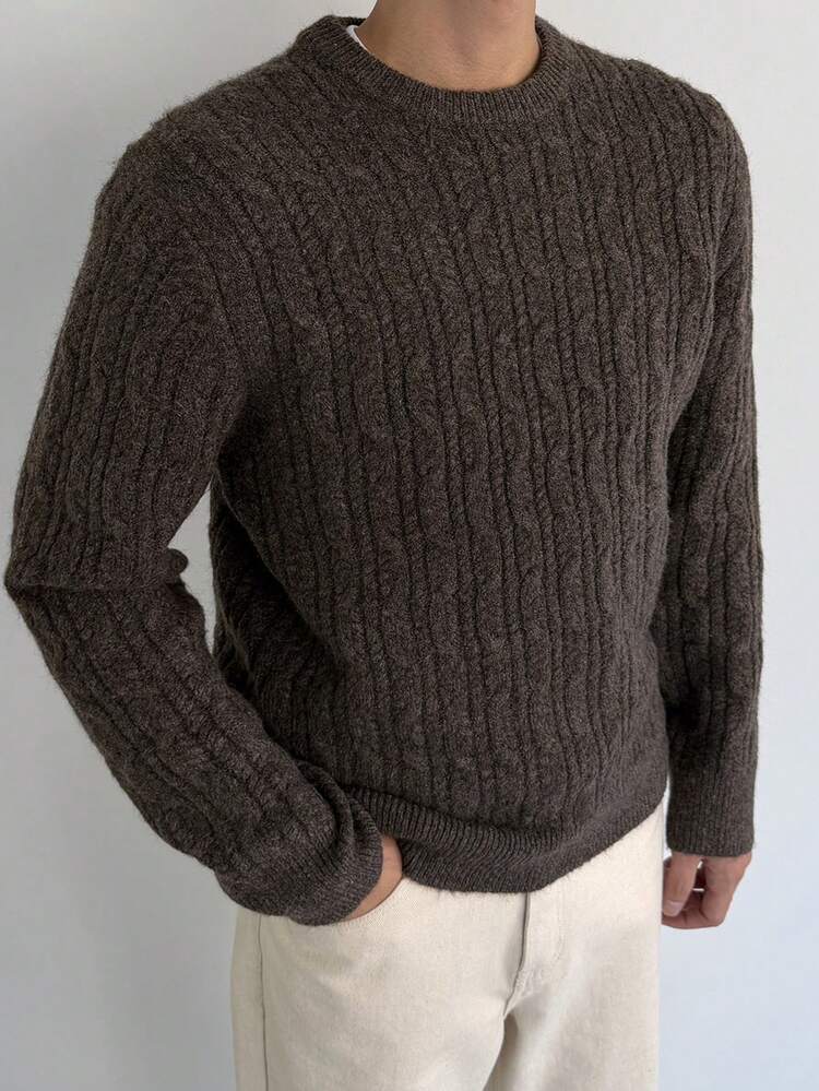 Brown Vintage Cable Design Crew Neck Sweater For Men, Commuter Style, Autumn