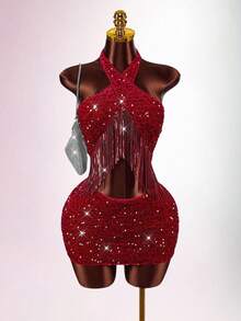 Amplova 2 chiếc áo yếm nhung thêu sequin cho nữ có viền tua rua, gợi cảm, thích hợp mặc nhiều lớp khi dự tiệc, gợi cảm và dễ thương - Nhiều màu - Xem 3