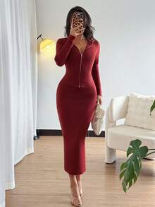 Chiquease 2 Stücke Damen Lässig Everyday Passende Gerippte Strick Strickjacke und Rock Set, Slim Fit, Herbst/Winter - Rot - Übersicht 4