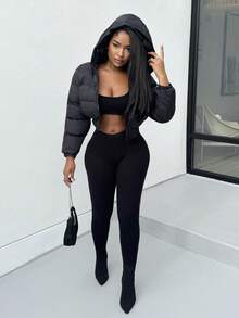 Alexandranx Women Zip Crop Hooded Coat In Fall/Winter - Black - View 5