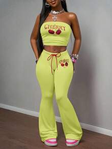 Slaydiva Conjunto de 2 piezas de top tubo sin mangas y pantalones acampanados con estampado de cerezas, de tela elástica de punto en color rosa, estilo retro americano, para fiestas, vacaciones, playa, estilo casual diario, festival de música bohemio, primavera/verano 2025 - Amarillo claro - Ver 1